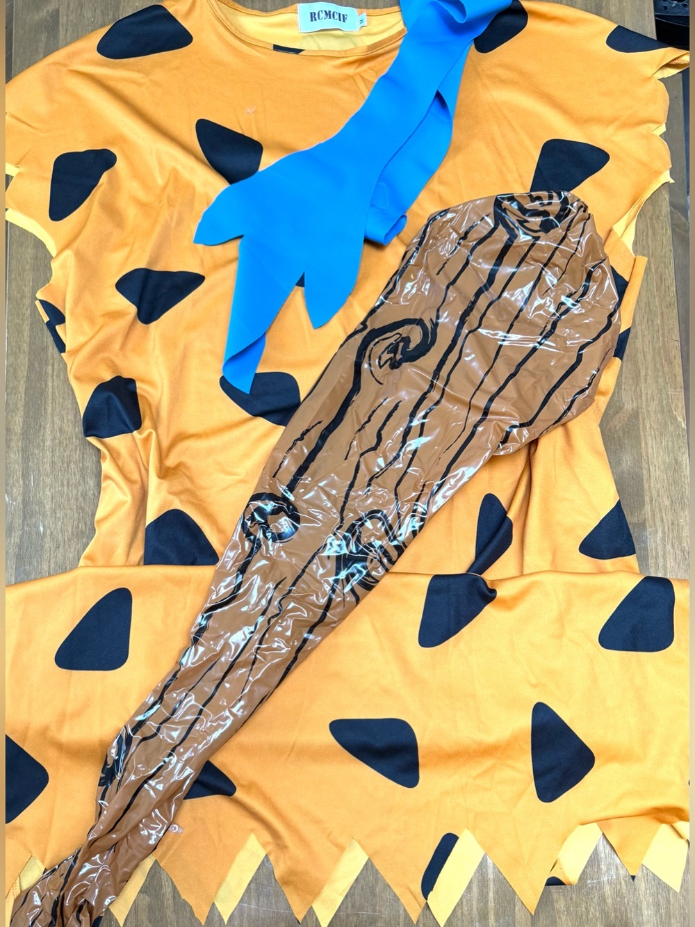 Orange and Black Mens Flintstone Costume with Blue Scarf & Inflatable Bat Medium